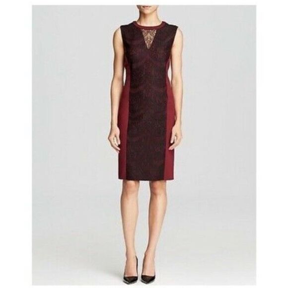 MAGASCHONI | Lace Panel Shift Dress Burgundy Black Women’s Size 10 - Picture 1 of 9